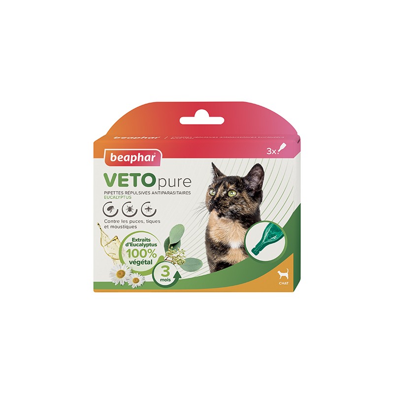 Pipettes répulsives antiparasitaires à l'Eucalyptus pour chat VetoPure - 3 x 1 ml