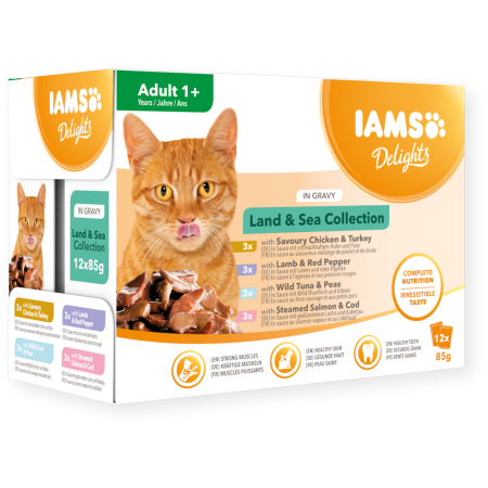 IAMS Delights Adultes Collection Terre et Mer En Sauce 12x85g - Nutrition Complète pour Chats Gourmands